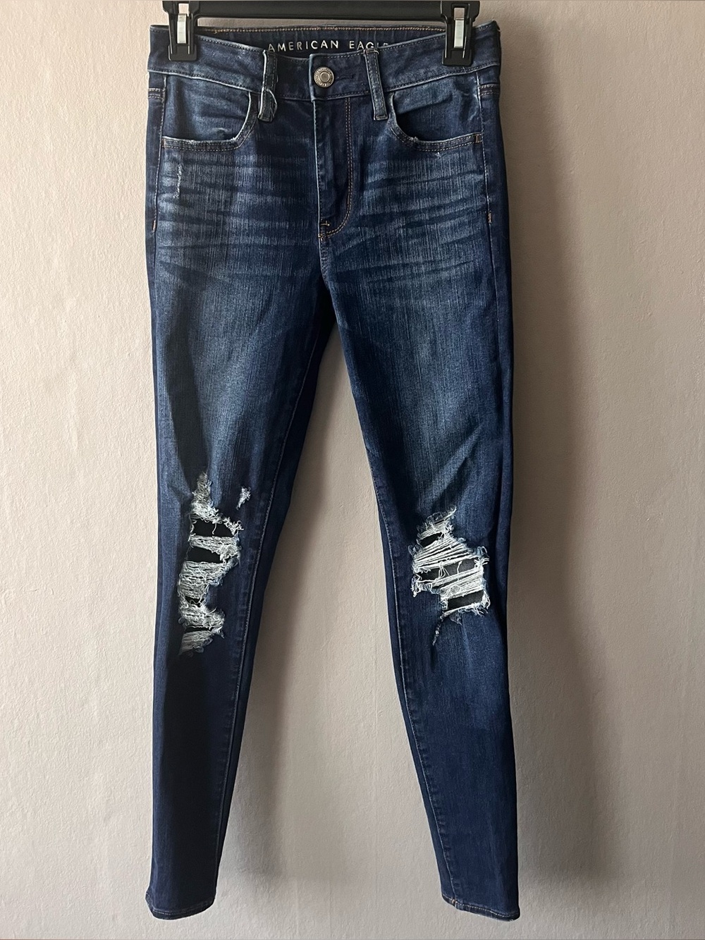 American Eagle Dark Wash Distressed Hi Rise Jeggings Size 2